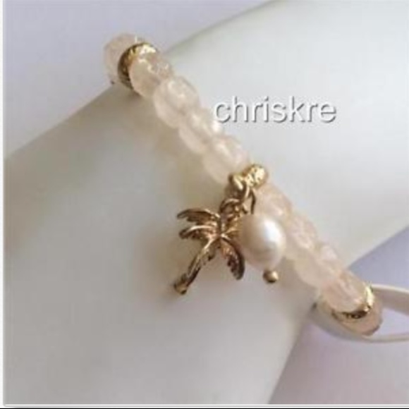 Pink Flamingo Charm Bracelet Freshwater White Pearl Palm Tree Gold Tone Beaded - Picture 6 of 9